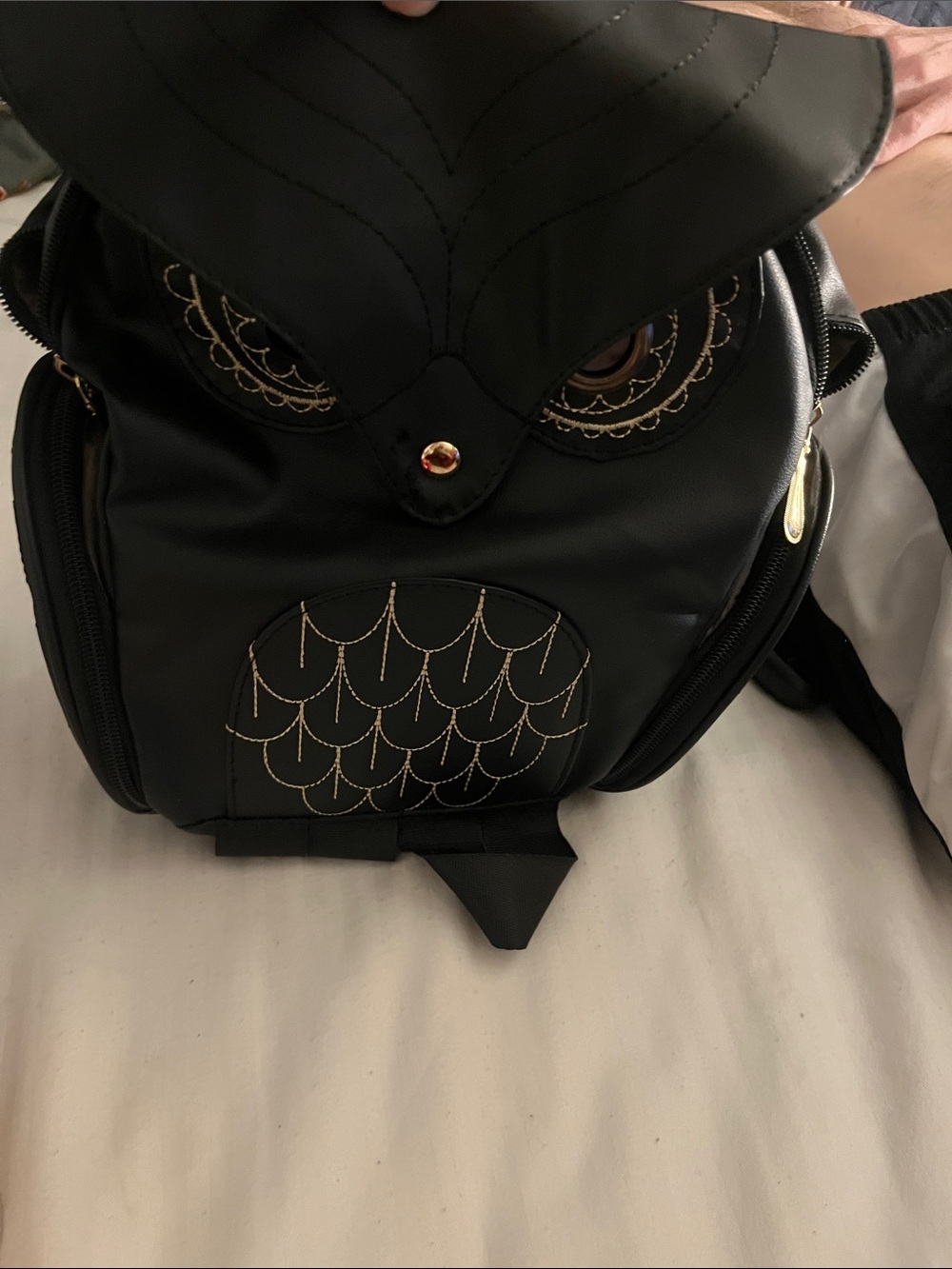 Women's Black Owl-Accent Backpack with Gold Stitching